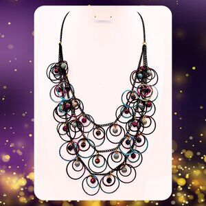 Multicolor Wire Ring & Bead Statement Necklace on Dark Burgundy Chain